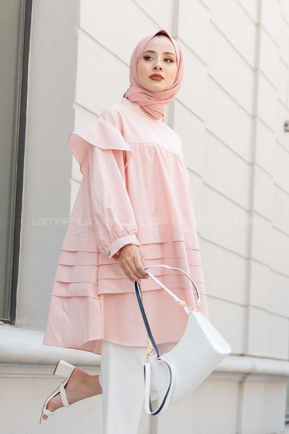 Modalamelif Önü Katlı Salaş Tunik Pudra