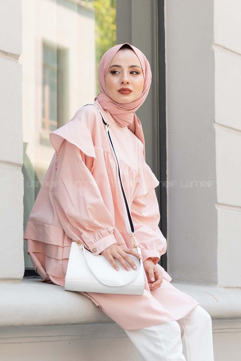 Modalamelif Önü Katlı Salaş Tunik Pudra