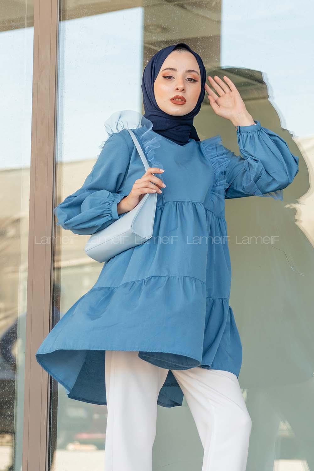 Modalamelif Önü Tül Fırfırlı Tunik İndigo