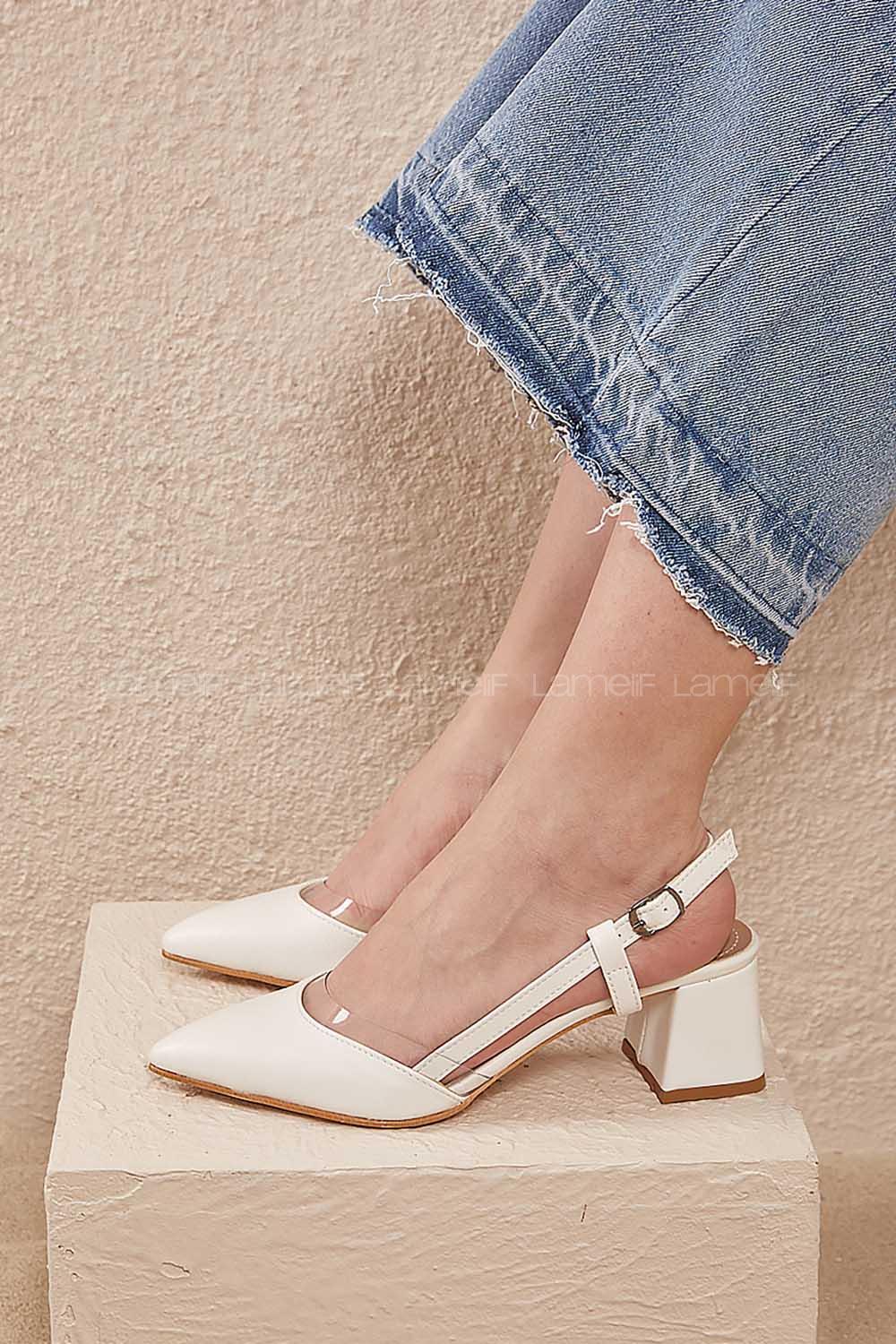Modalamelif Deri Topuklu Şefaf Detay Sandalet Beyaz