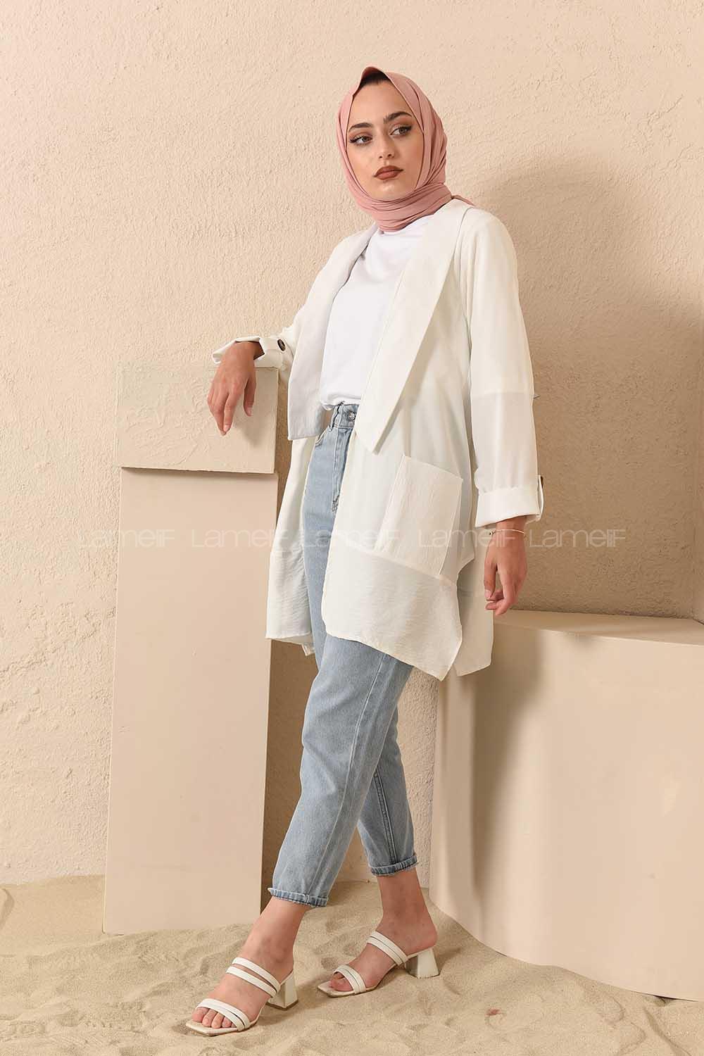 Modalamelif Kol Katlı Çift Cepli Ceket Beyaz