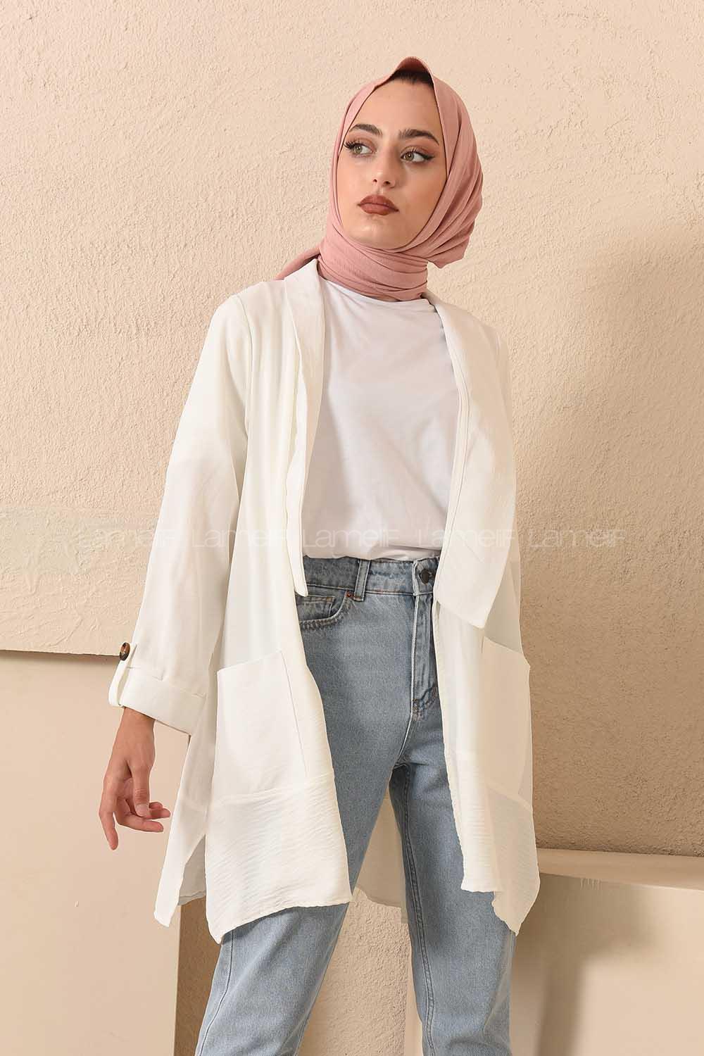 Modalamelif Kol Katlı Çift Cepli Ceket Beyaz