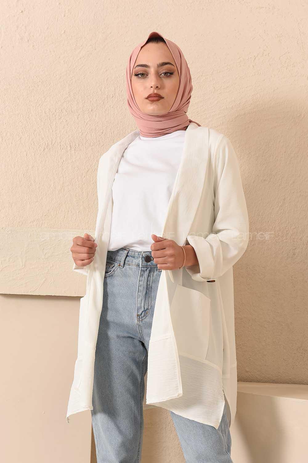 Modalamelif Kol Katlı Çift Cepli Ceket Beyaz