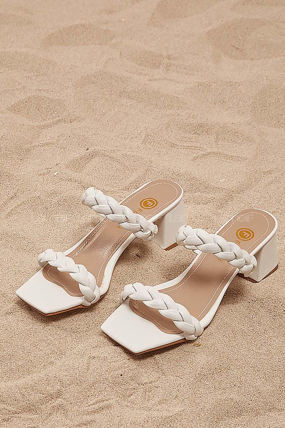 Modalamelif Örgü Detay Topuklu Sandalet Beyaz