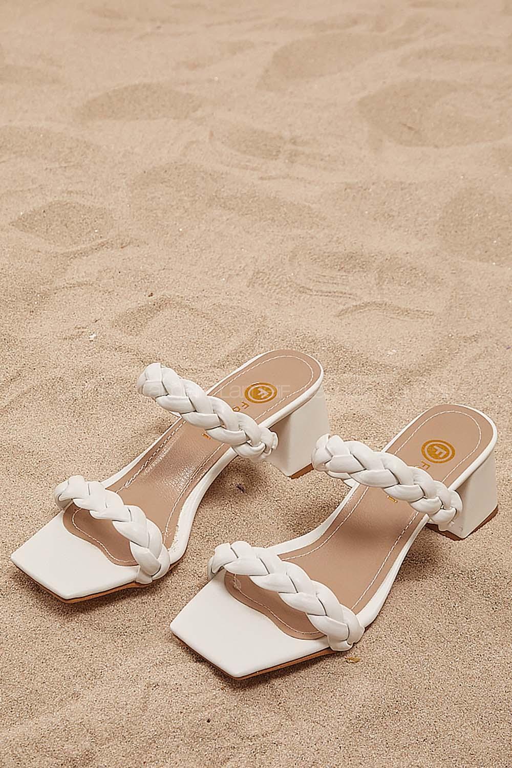 Modalamelif Örgü Detay Topuklu Sandalet Beyaz