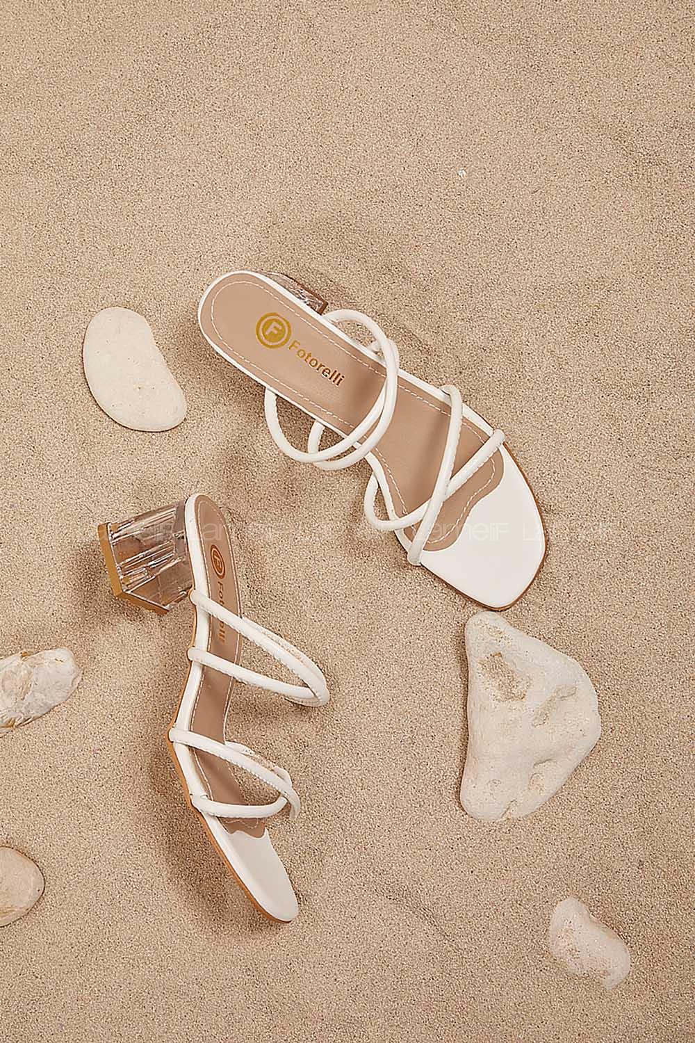 Modalamelif Parçalı Arkası Açık Topuklu Terlik Beyaz