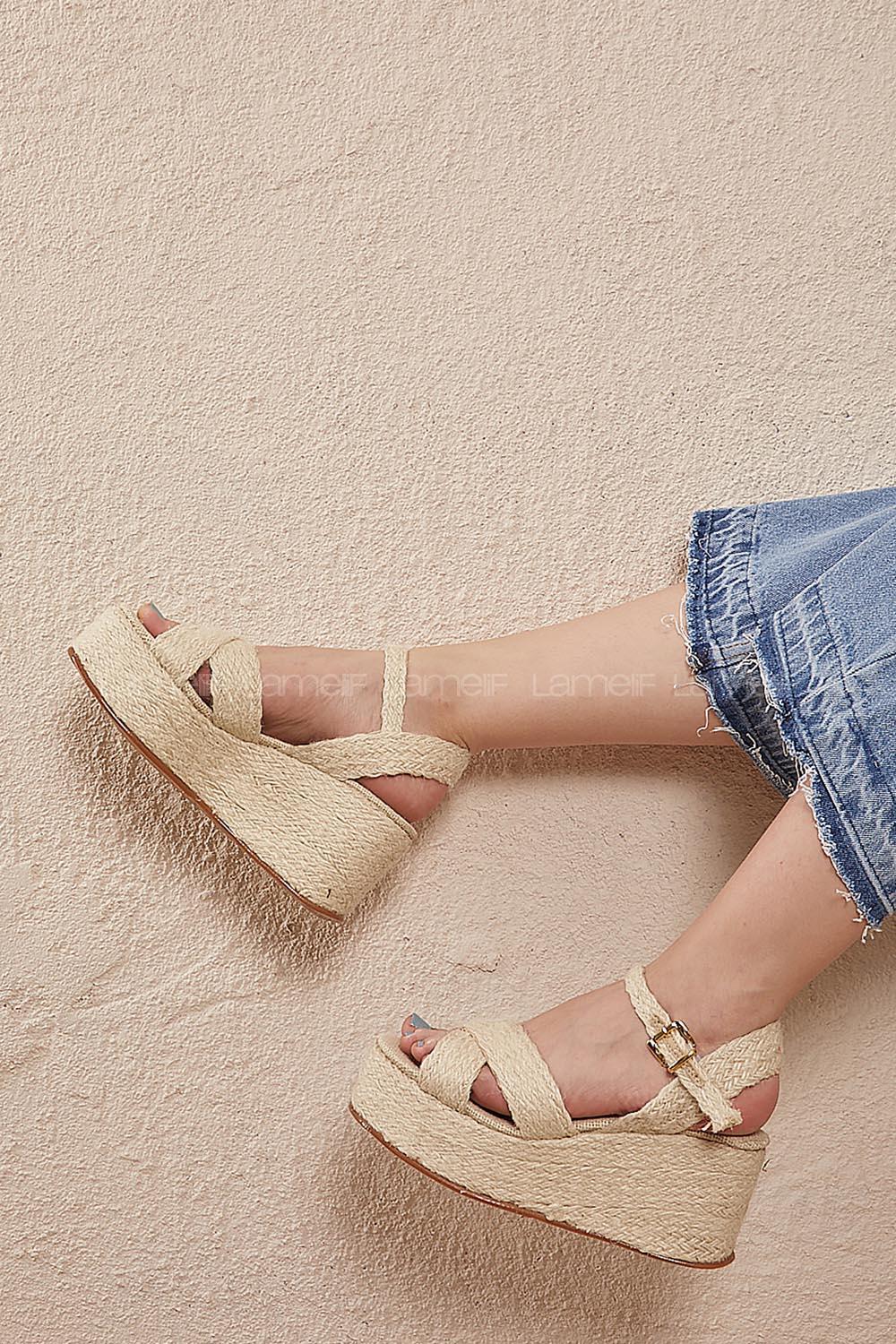 Modalamelif Yüksek Topuklu Hasır Sandalet Krem