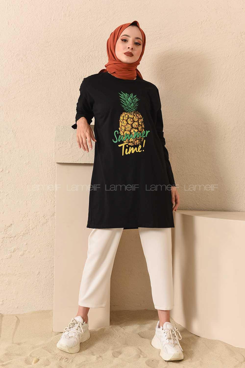 Modalamelif Ananas Baskılı Tunik Siyah