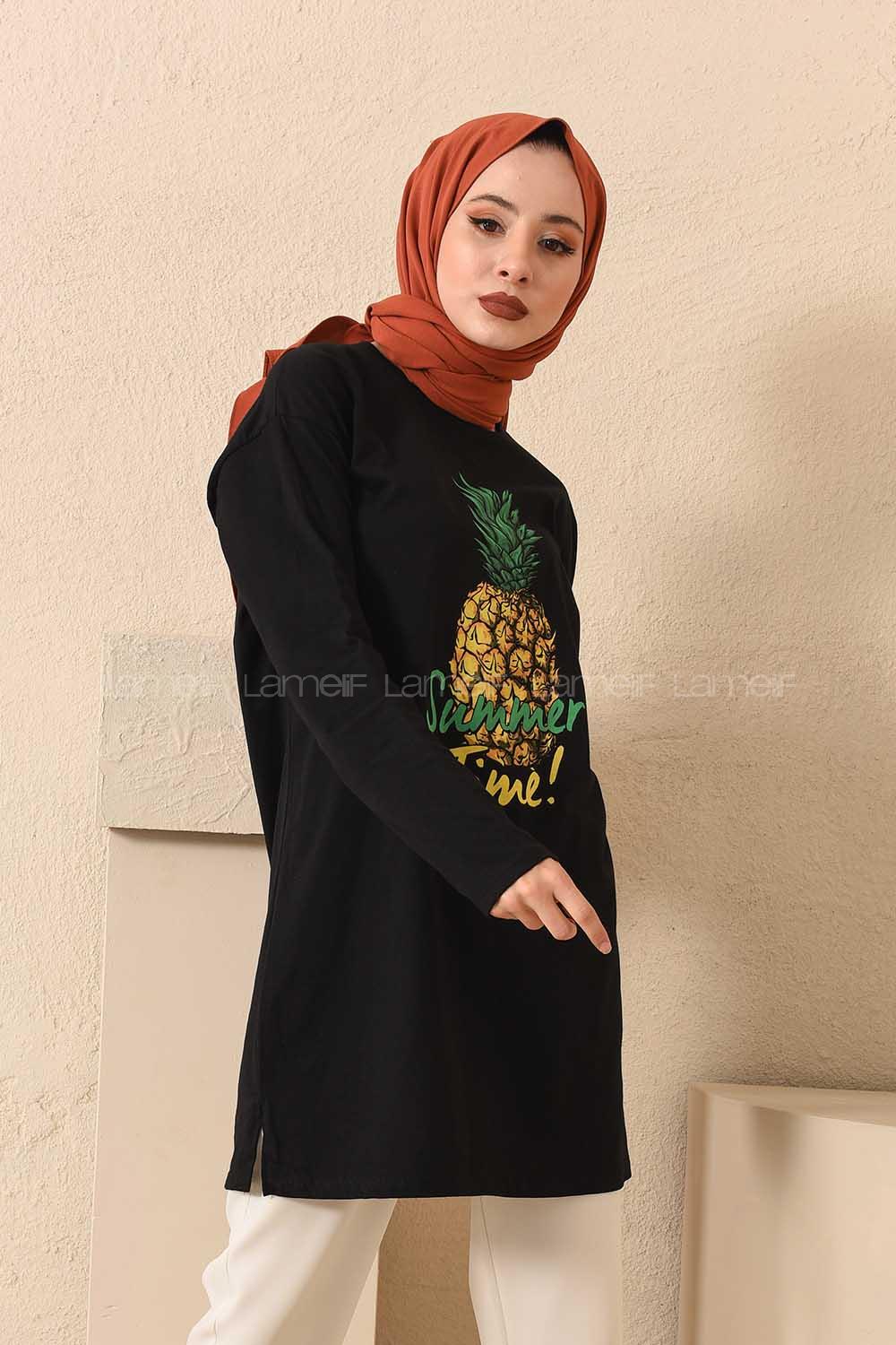 Modalamelif Ananas Baskılı Tunik Siyah