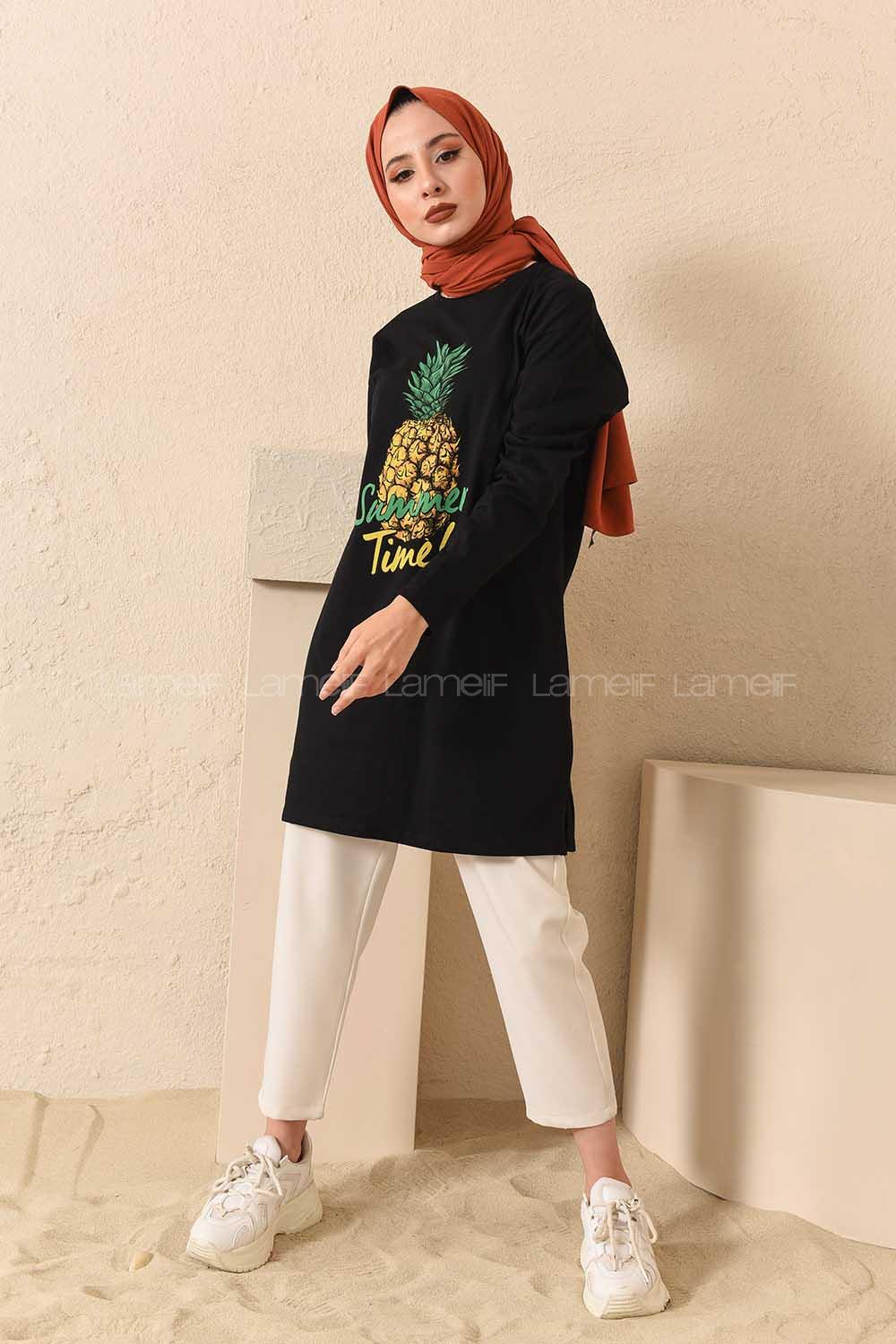 Modalamelif Ananas Baskılı Tunik Siyah