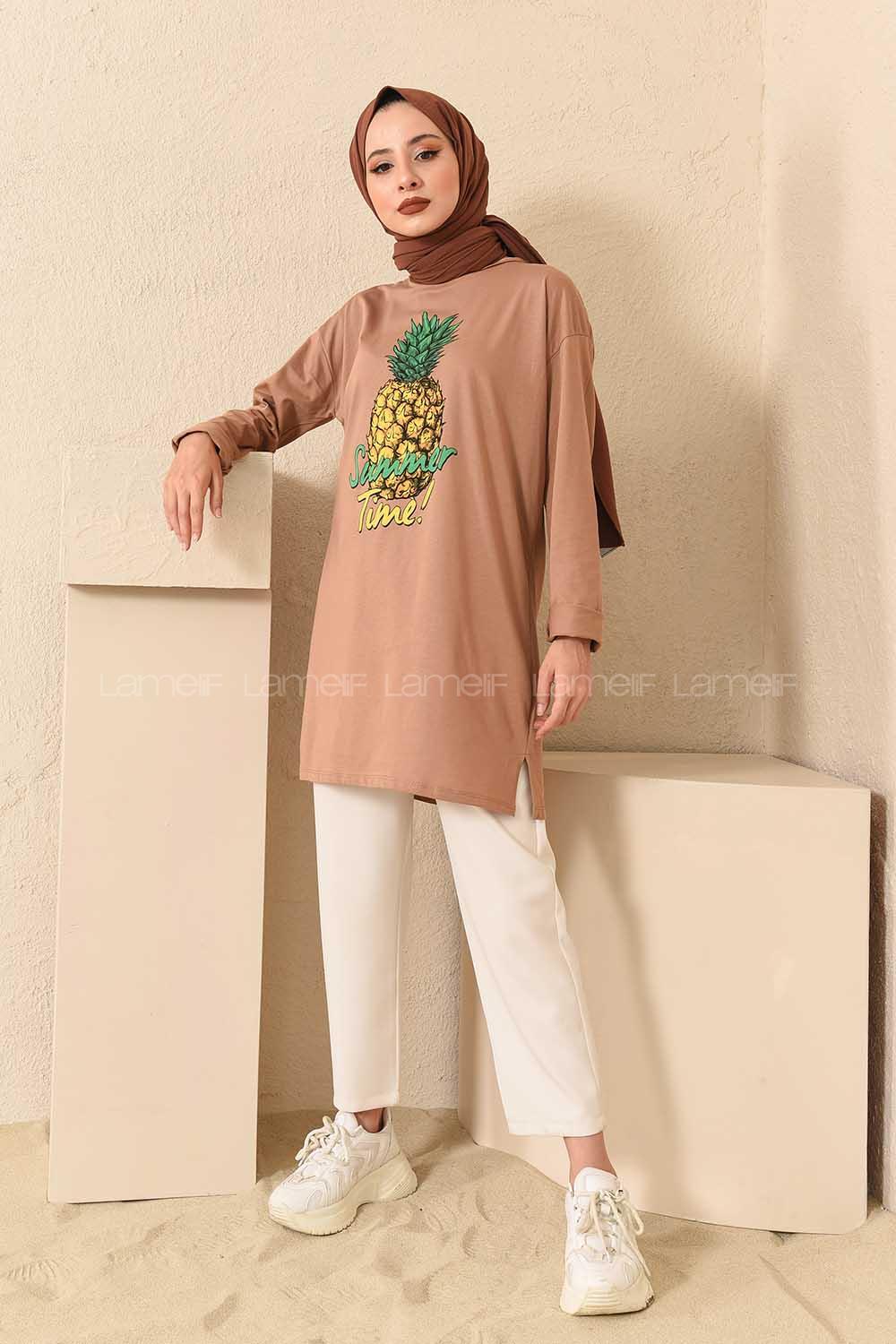 Modalamelif Ananas Baskılı Tunik Sütlü Kahve