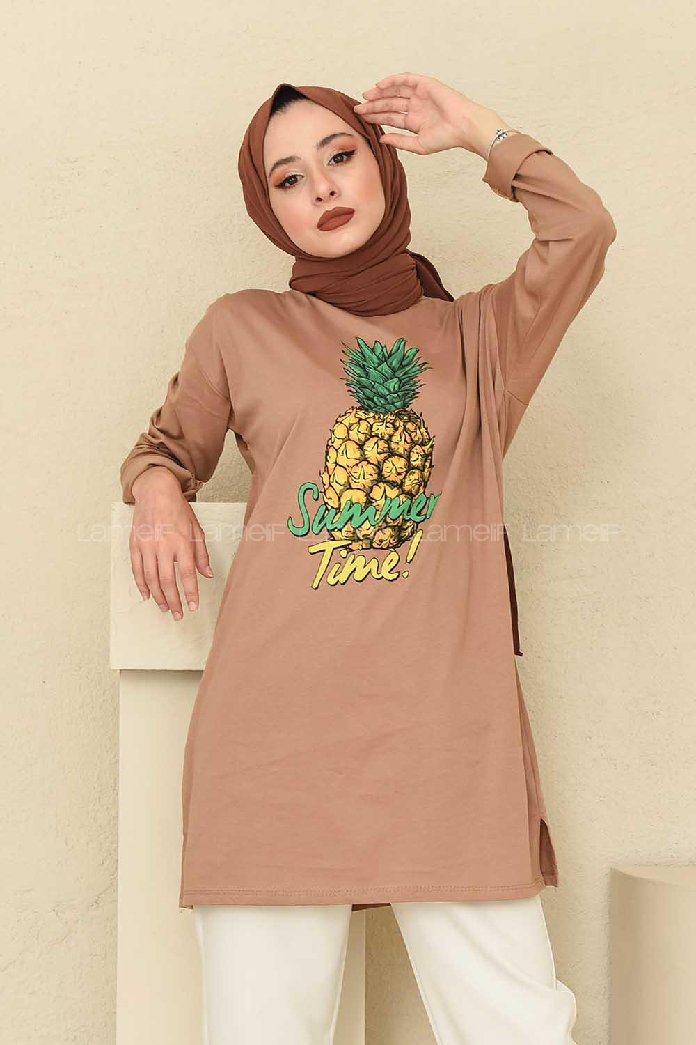 Modalamelif Ananas Baskılı Tunik Sütlü Kahve