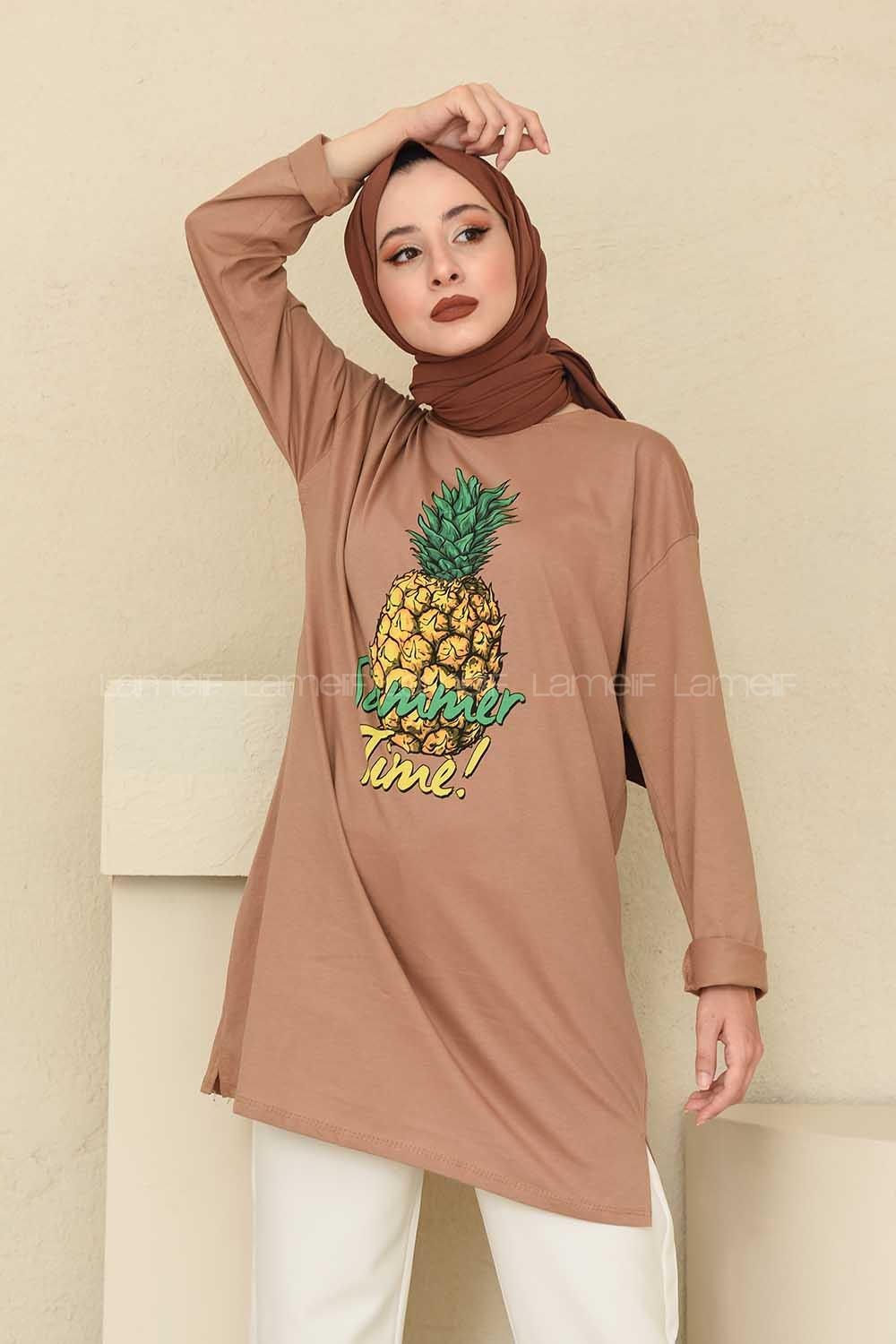 Modalamelif Ananas Baskılı Tunik Sütlü Kahve