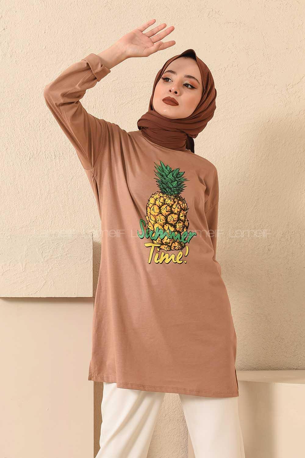 Modalamelif Ananas Baskılı Tunik Sütlü Kahve