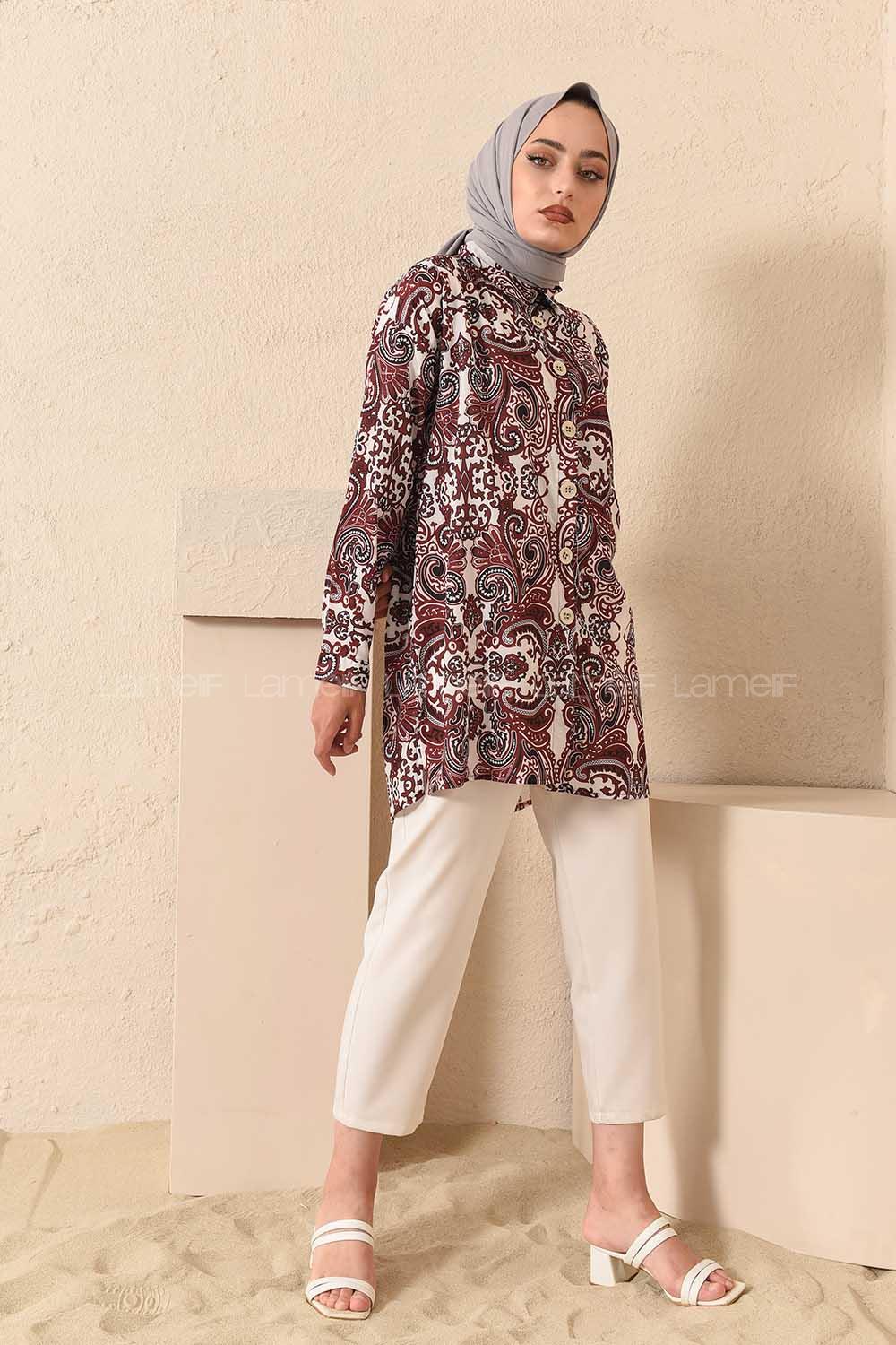 Modalamelif  Etnik Desen Gömlek Acı Kahve