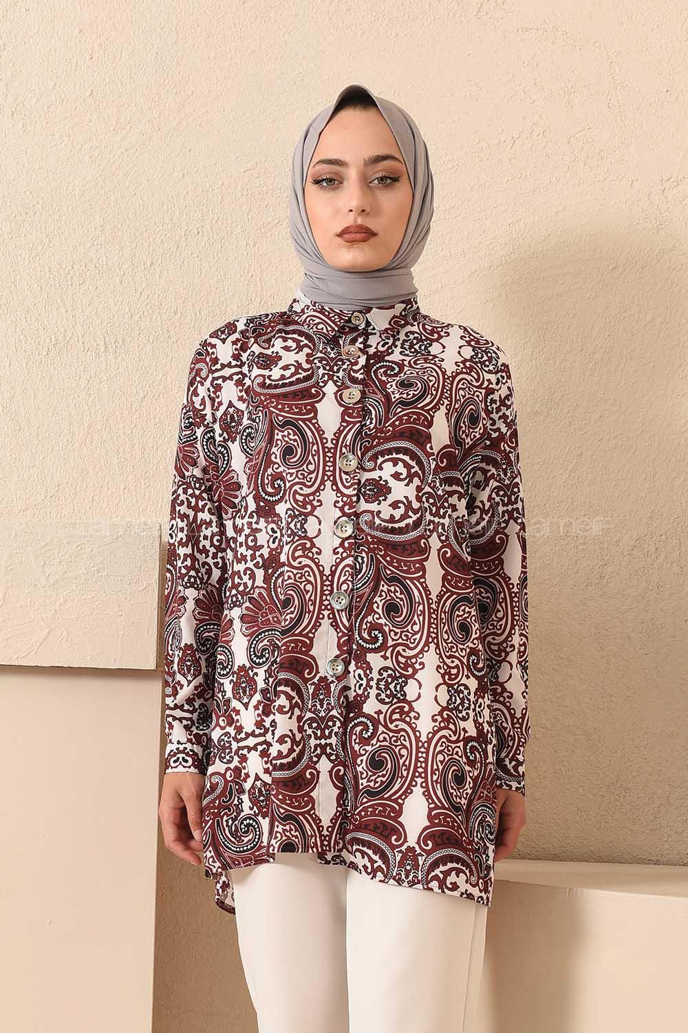 Modalamelif  Etnik Desen Gömlek Acı Kahve