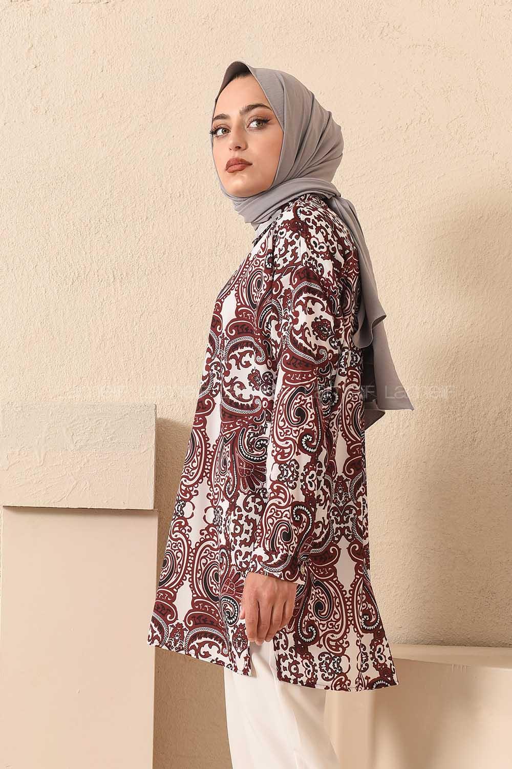 Modalamelif  Etnik Desen Gömlek Acı Kahve