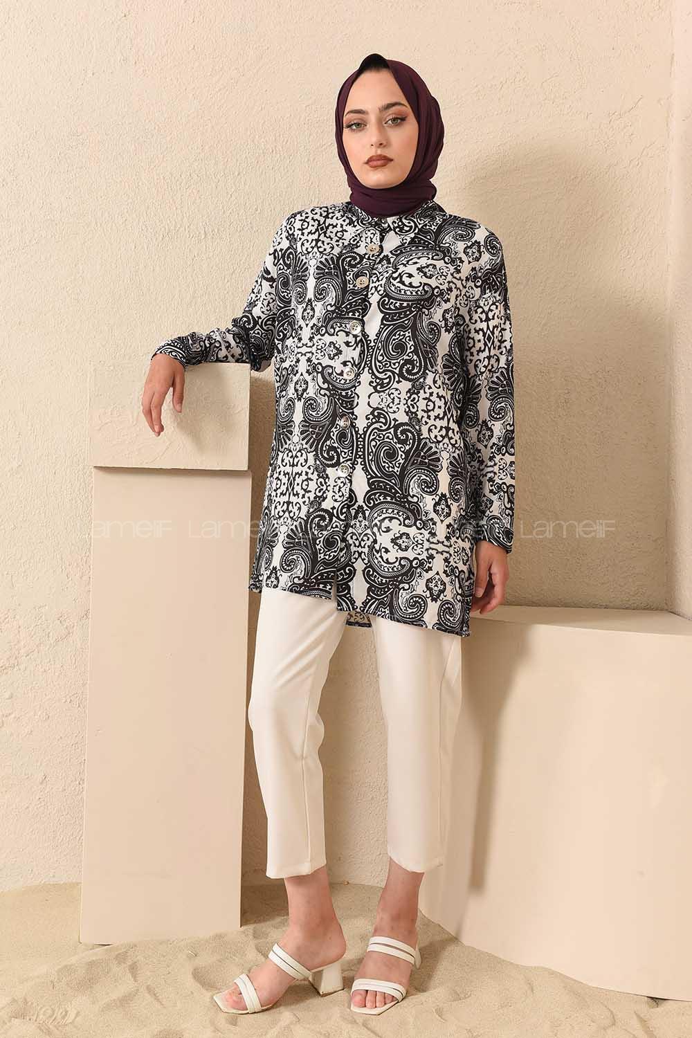 Modalamelif  Etnik Desen Gömlek Siyah Ekru