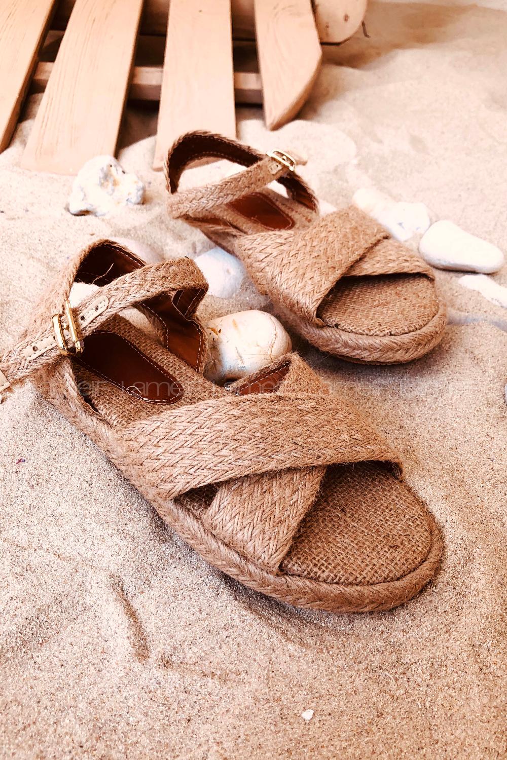 Modalamelif Hasır Detaylı  Sandalet Taba