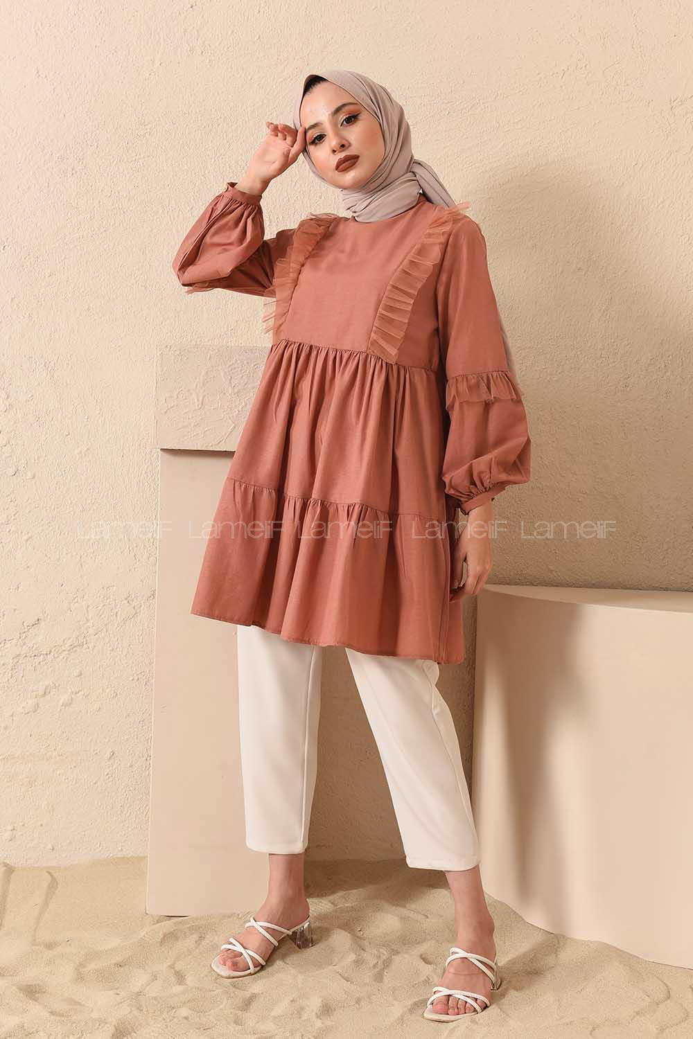 Modalamelif Önü Tül Fırfırlı Tunik Gül