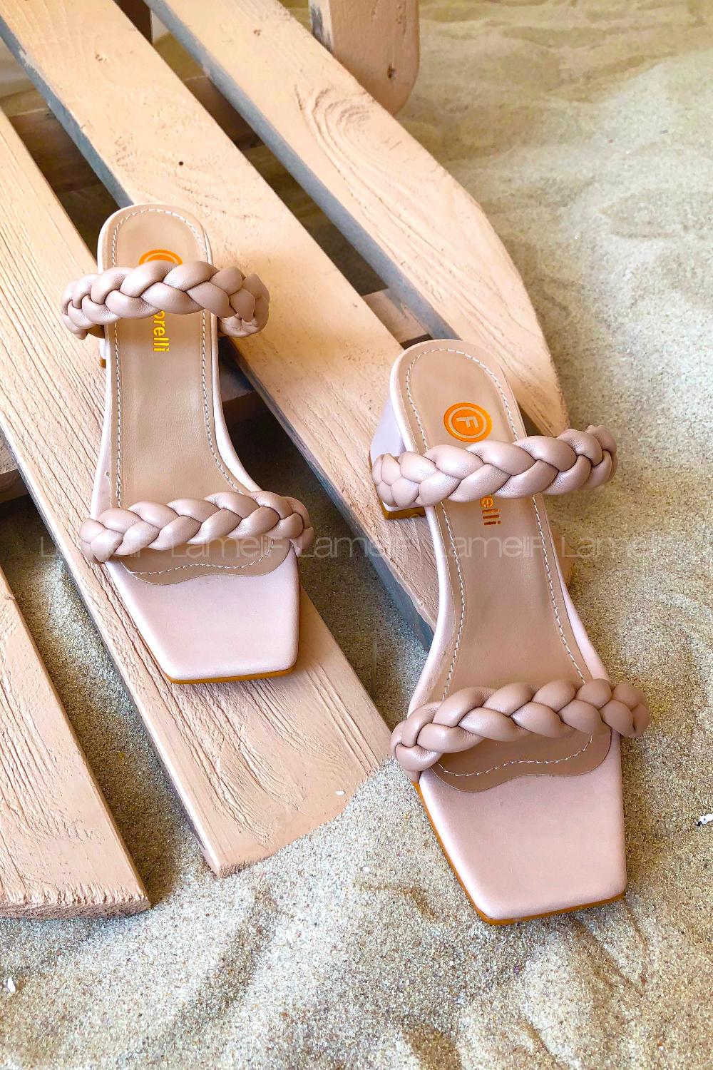 Modalamelif Örgü Detay Topuklu Sandalet Krem