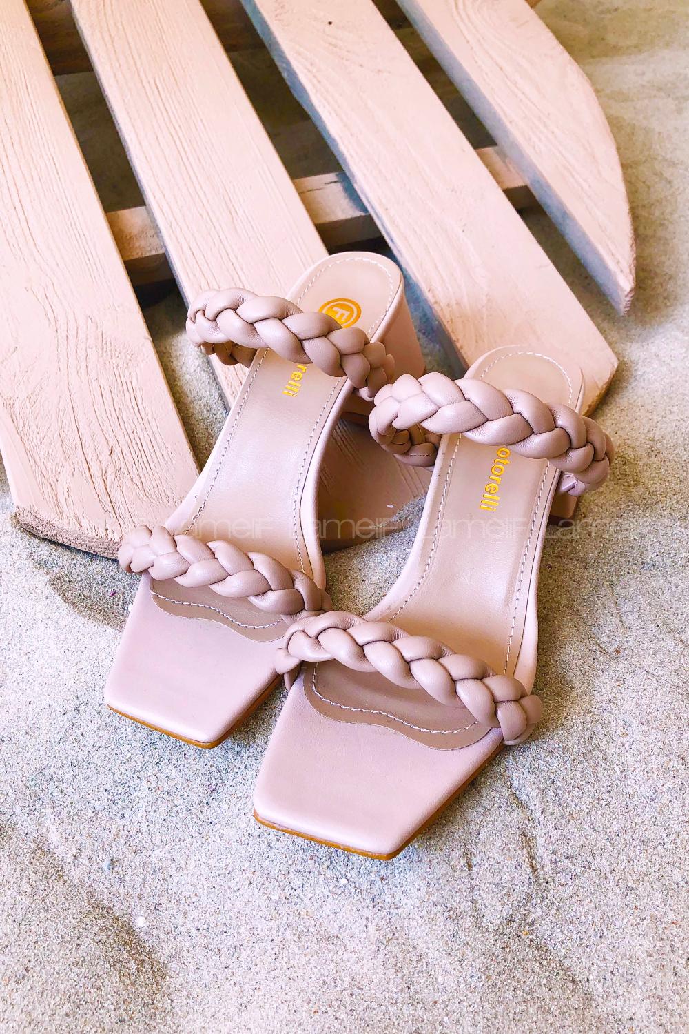 Modalamelif Örgü Detay Topuklu Sandalet Krem