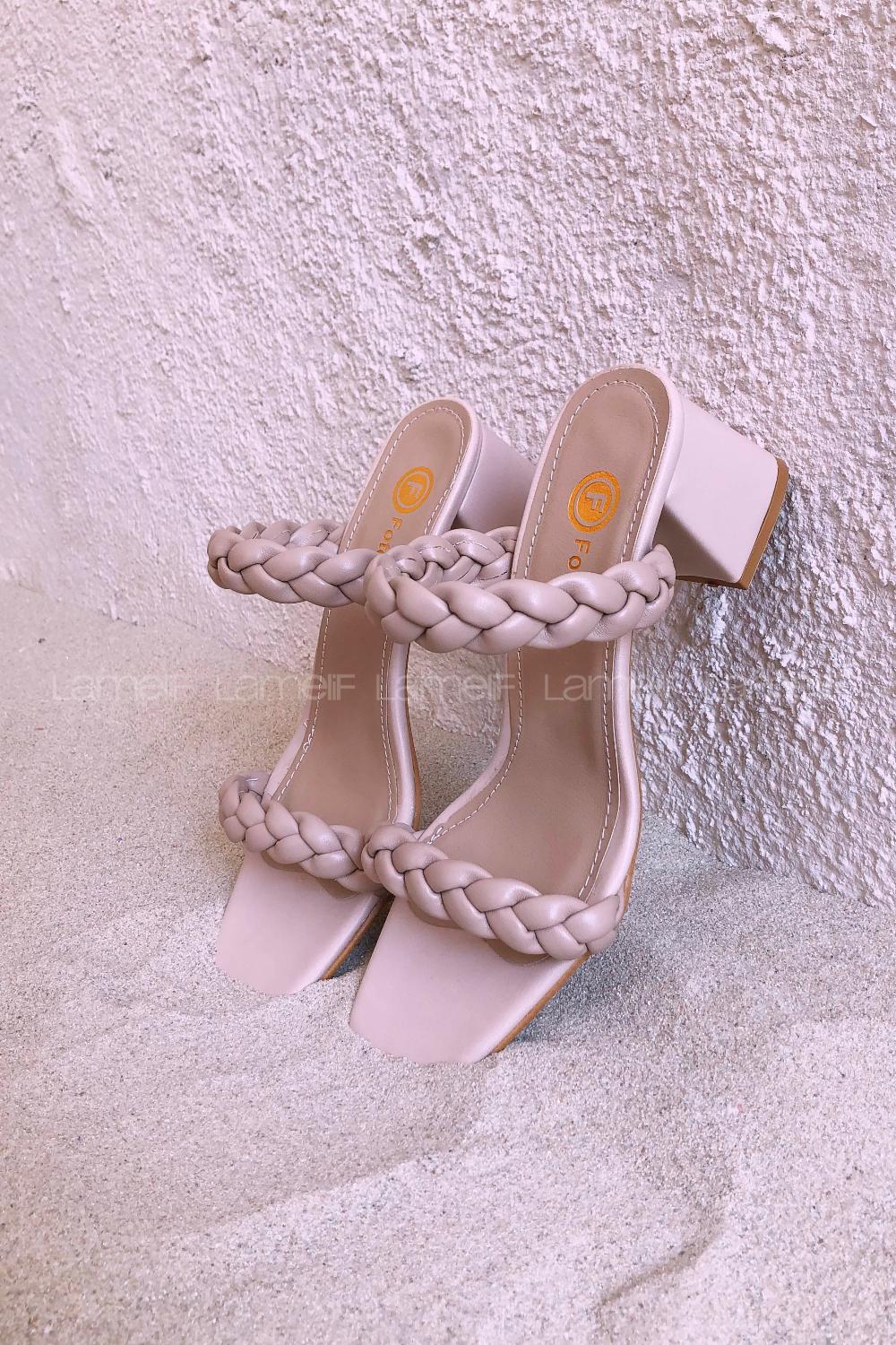 Modalamelif Örgü Detay Topuklu Sandalet Krem