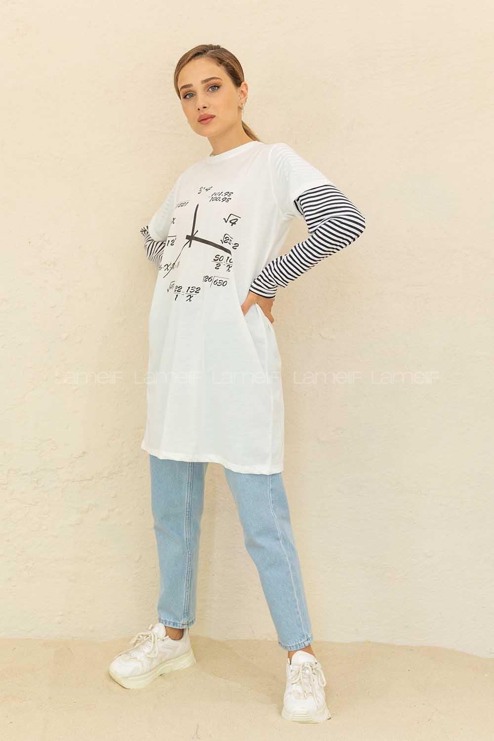 Modalamelif Bisiklet Yaka Baskılı T-Shirt Beyaz