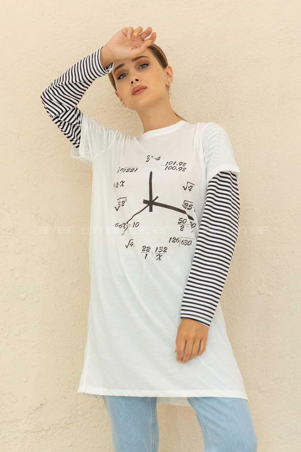 Modalamelif Bisiklet Yaka Baskılı T-Shirt Beyaz