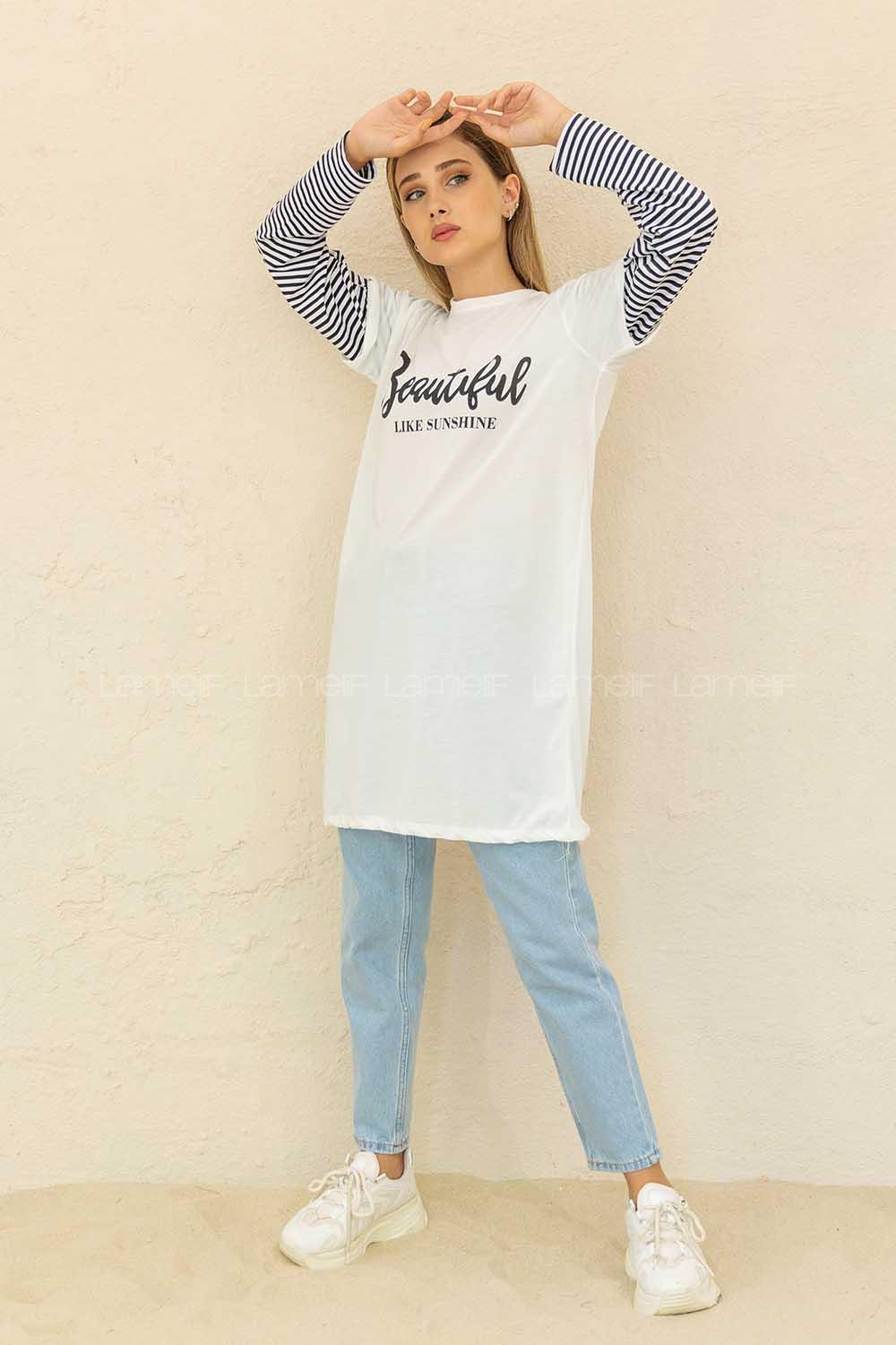 Modalamelif Bisiklet Yaka Beatıful  Baskılı T-Shirt Beyaz