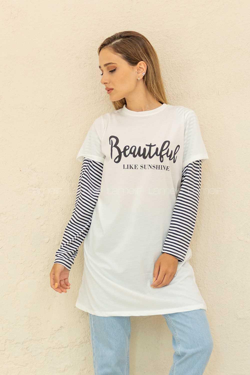 Modalamelif Bisiklet Yaka Beatıful  Baskılı T-Shirt Beyaz