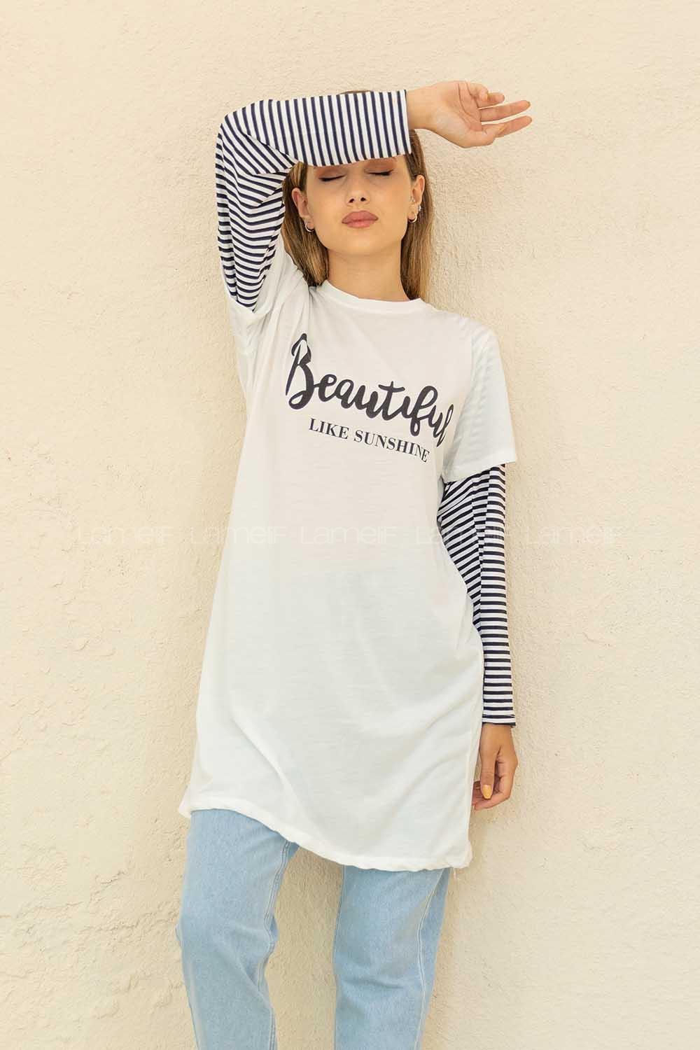 Modalamelif Bisiklet Yaka Beatıful  Baskılı T-Shirt Beyaz