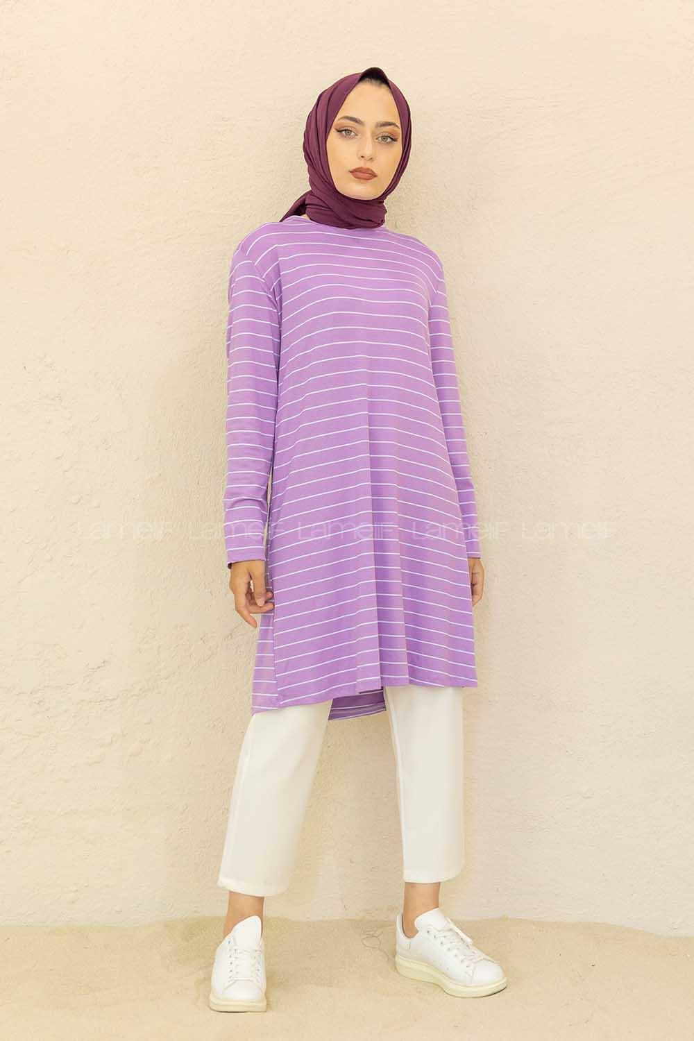 Modalamelif Bisiklet Yaka Çizgili Tunik Lila