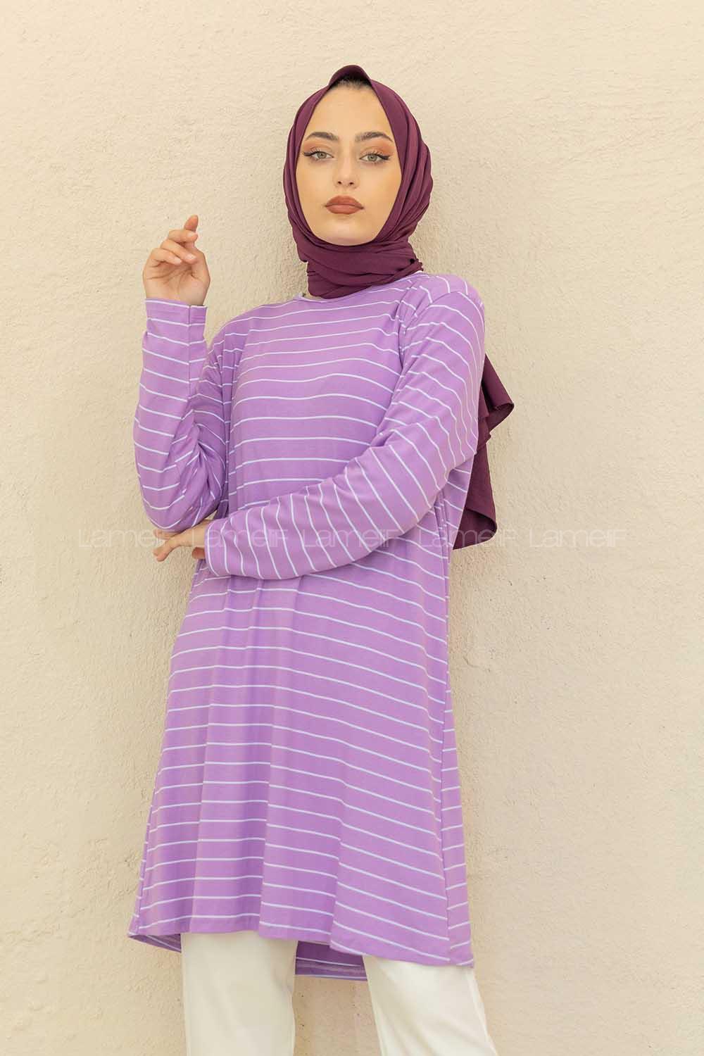 Modalamelif Bisiklet Yaka Çizgili Tunik Lila