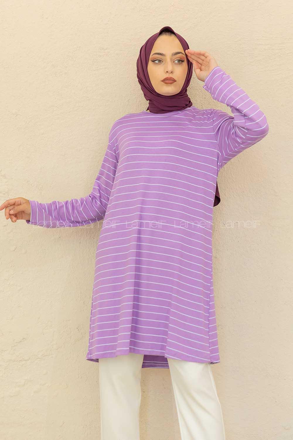 Modalamelif Bisiklet Yaka Çizgili Tunik Lila