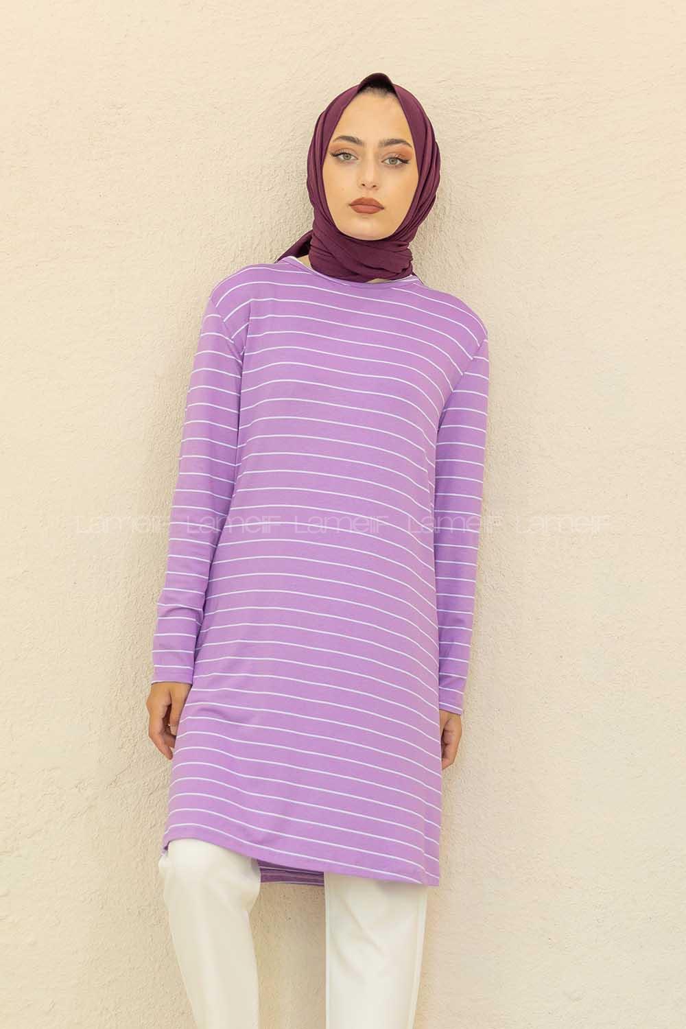 Modalamelif Bisiklet Yaka Çizgili Tunik Lila