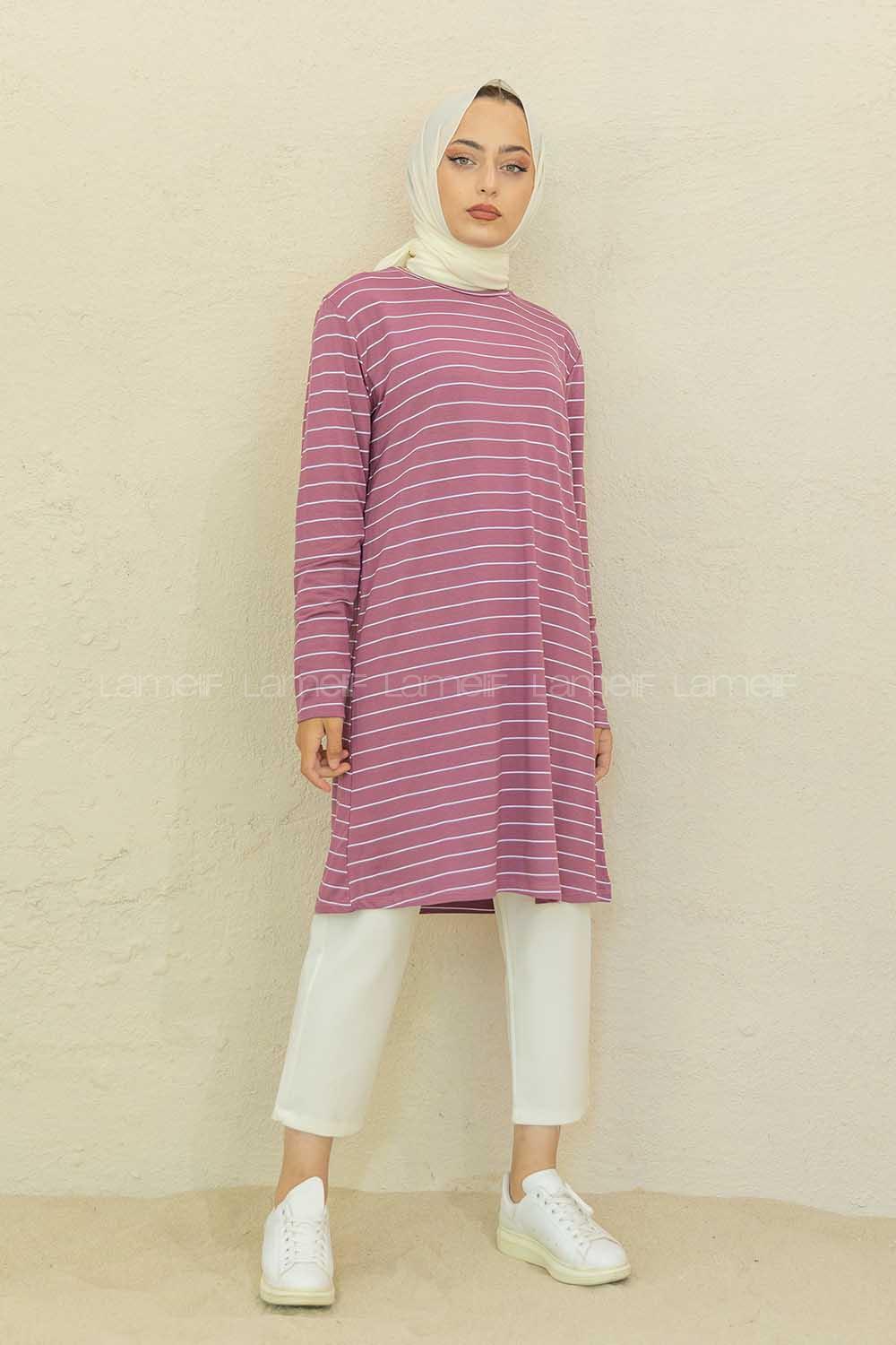 Modalamelif Bisiklet Yaka Çizgili Tunik Mor