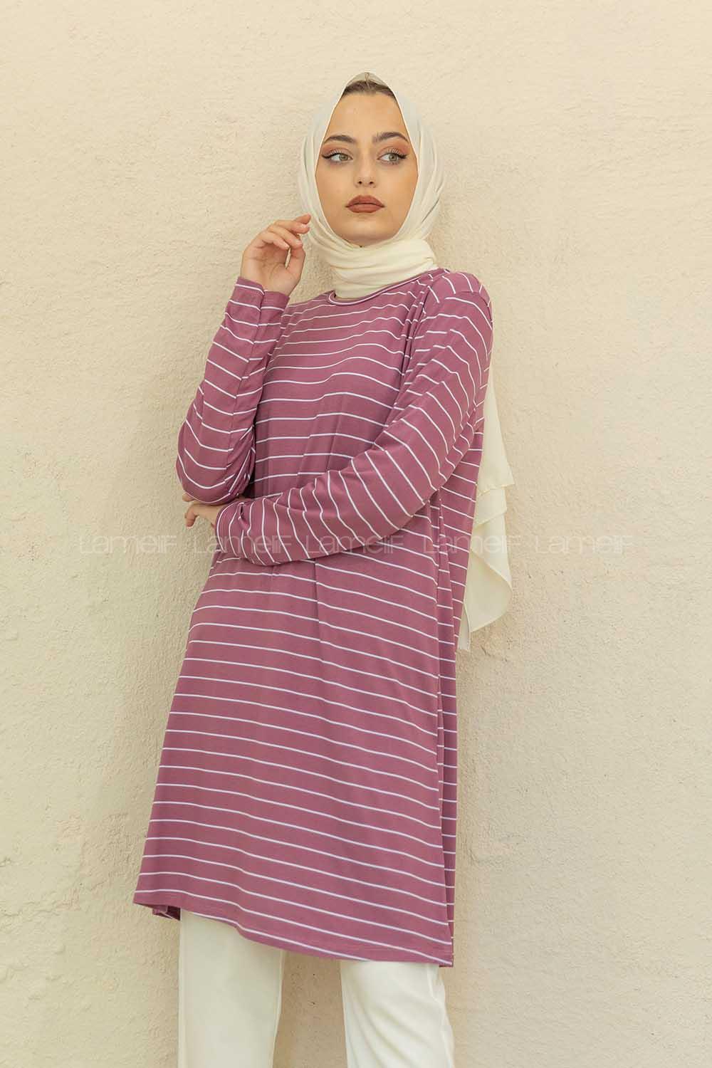 Modalamelif Bisiklet Yaka Çizgili Tunik Mor