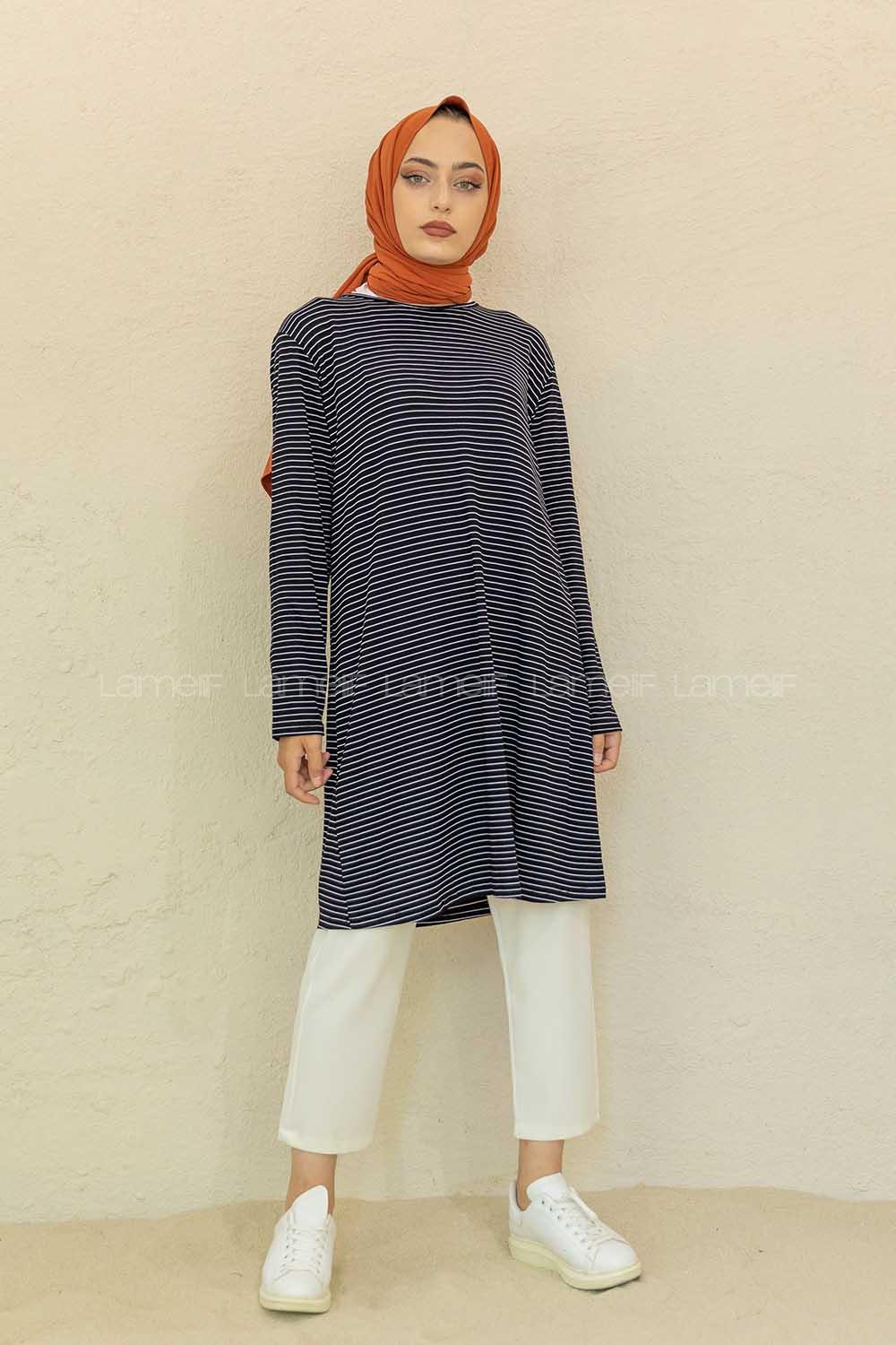 Modalamelif Bisiklet Yaka Çizgili Tunik Siyah