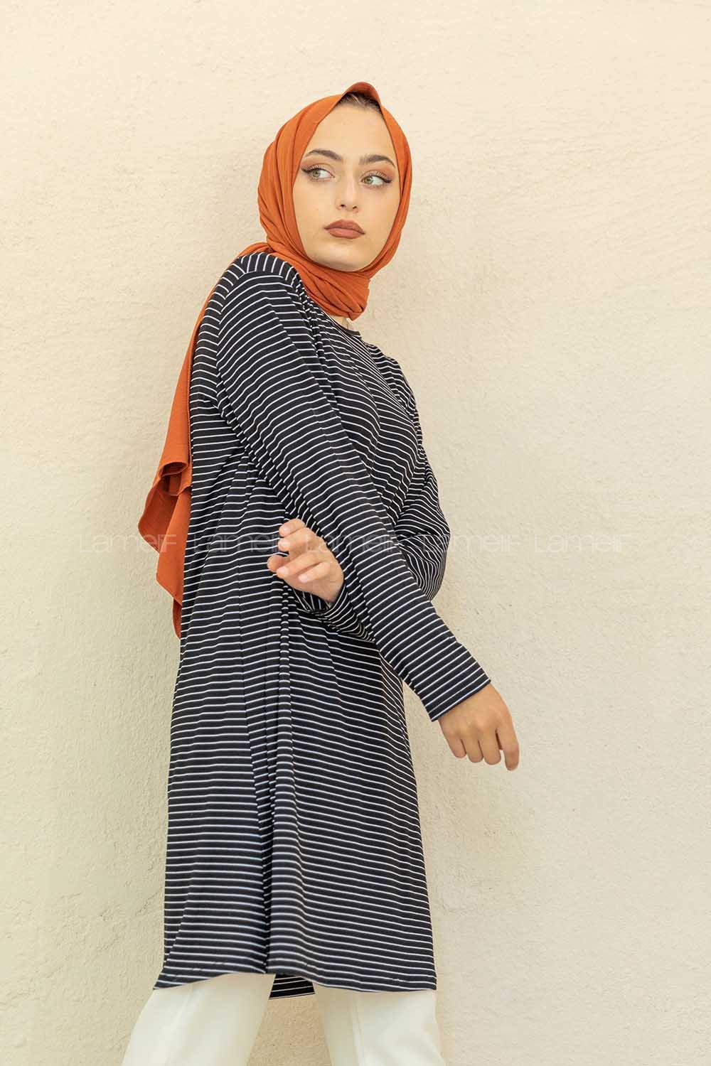 Modalamelif Bisiklet Yaka Çizgili Tunik Siyah