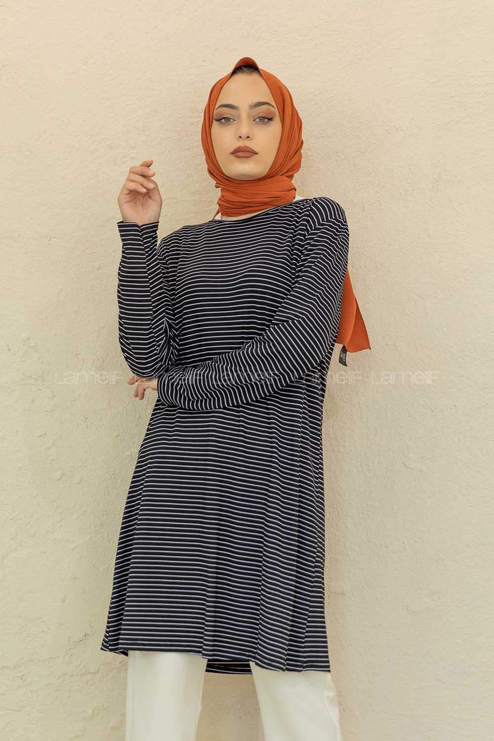 Modalamelif Bisiklet Yaka Çizgili Tunik Siyah