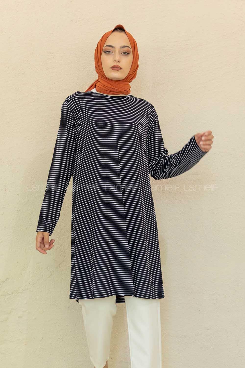 Modalamelif Bisiklet Yaka Çizgili Tunik Siyah