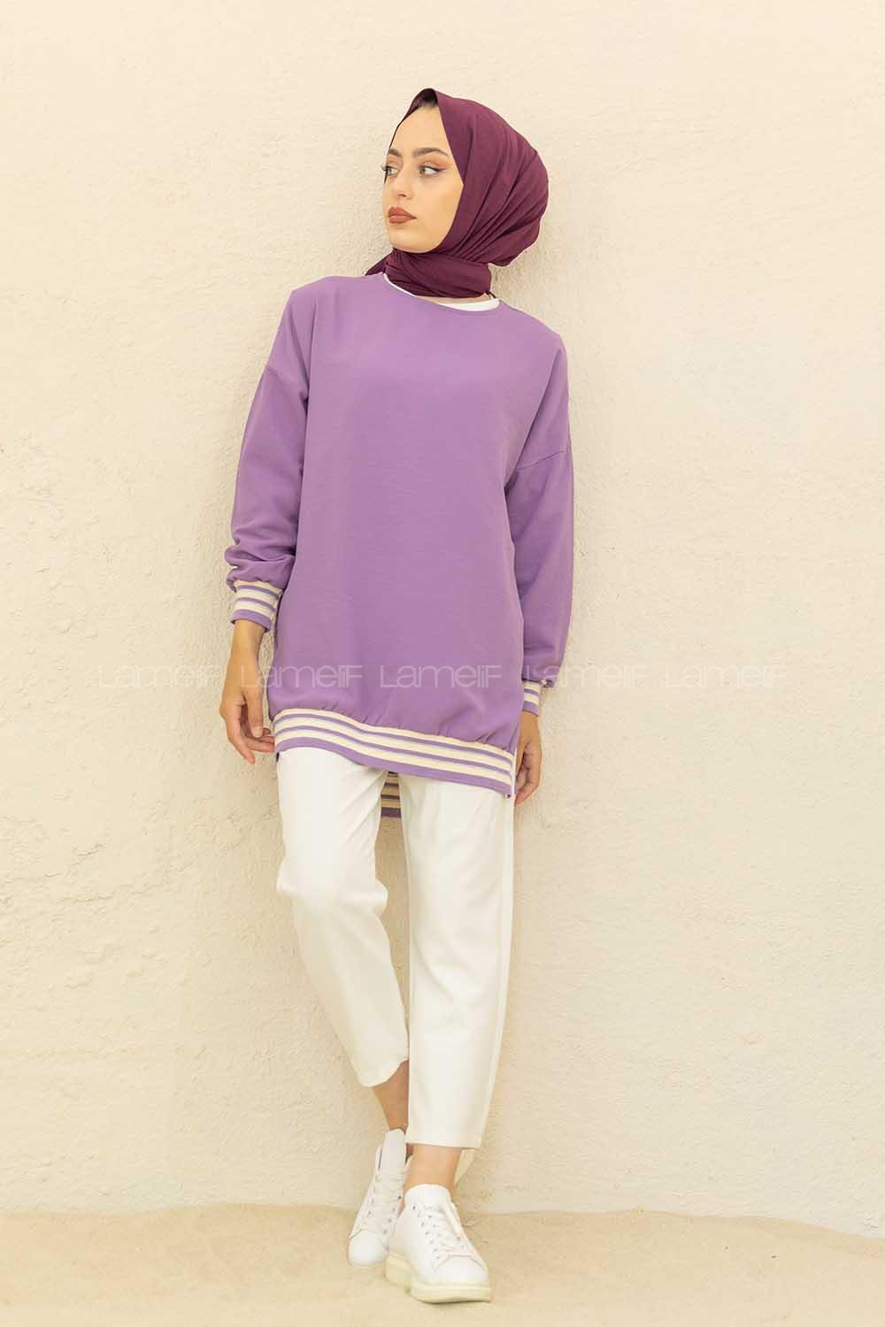 Modalamelif Bisiklet Yaka Şerit Detaylı Tunik Açık Mor