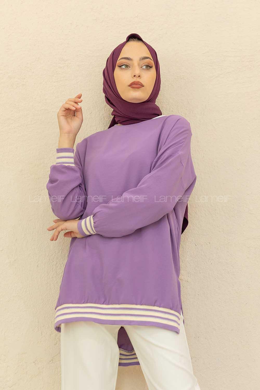 Modalamelif Bisiklet Yaka Şerit Detaylı Tunik Açık Mor