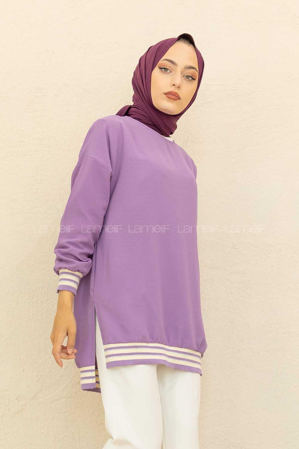 Modalamelif Bisiklet Yaka Şerit Detaylı Tunik Açık Mor