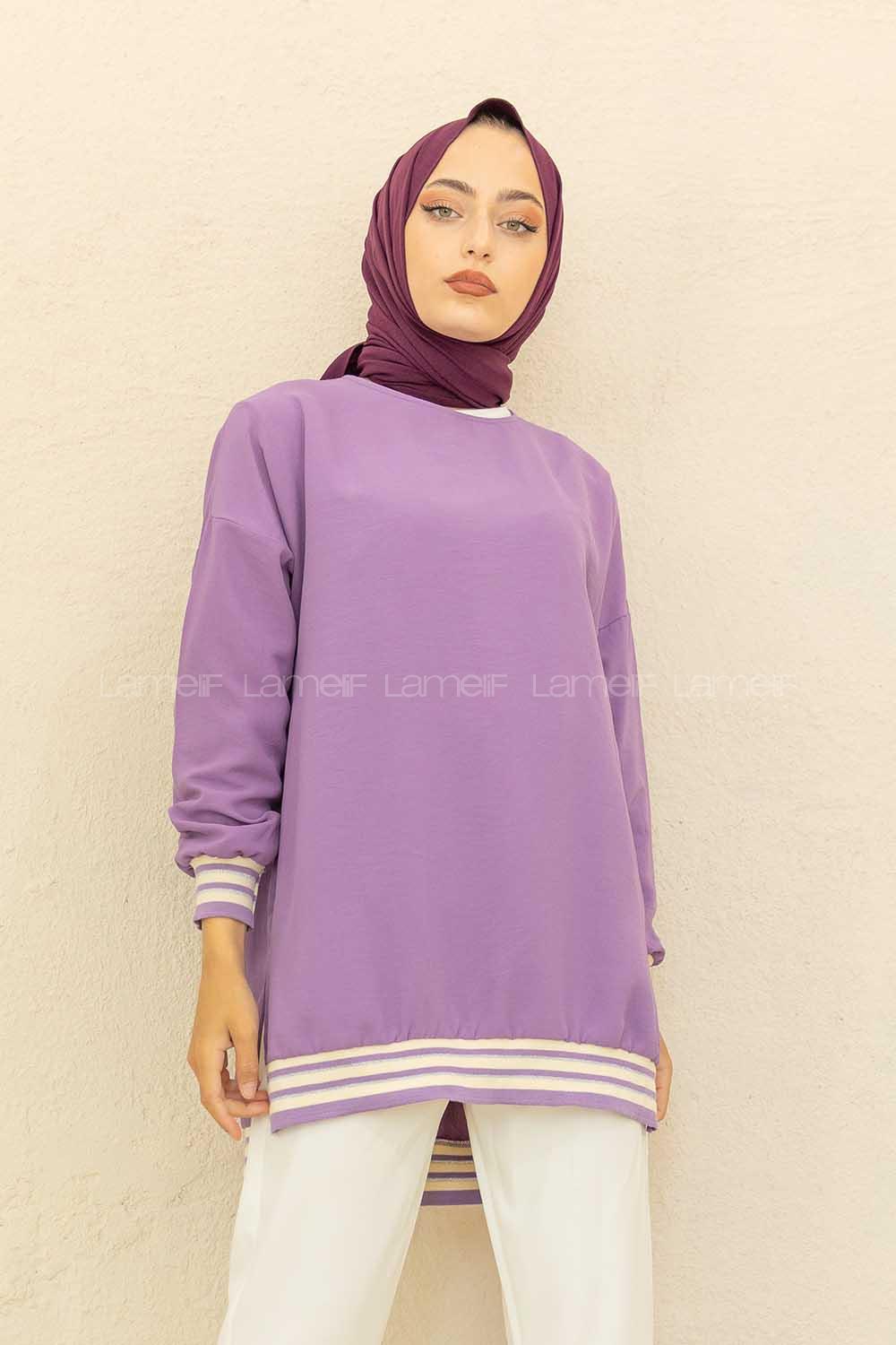 Modalamelif Bisiklet Yaka Şerit Detaylı Tunik Açık Mor