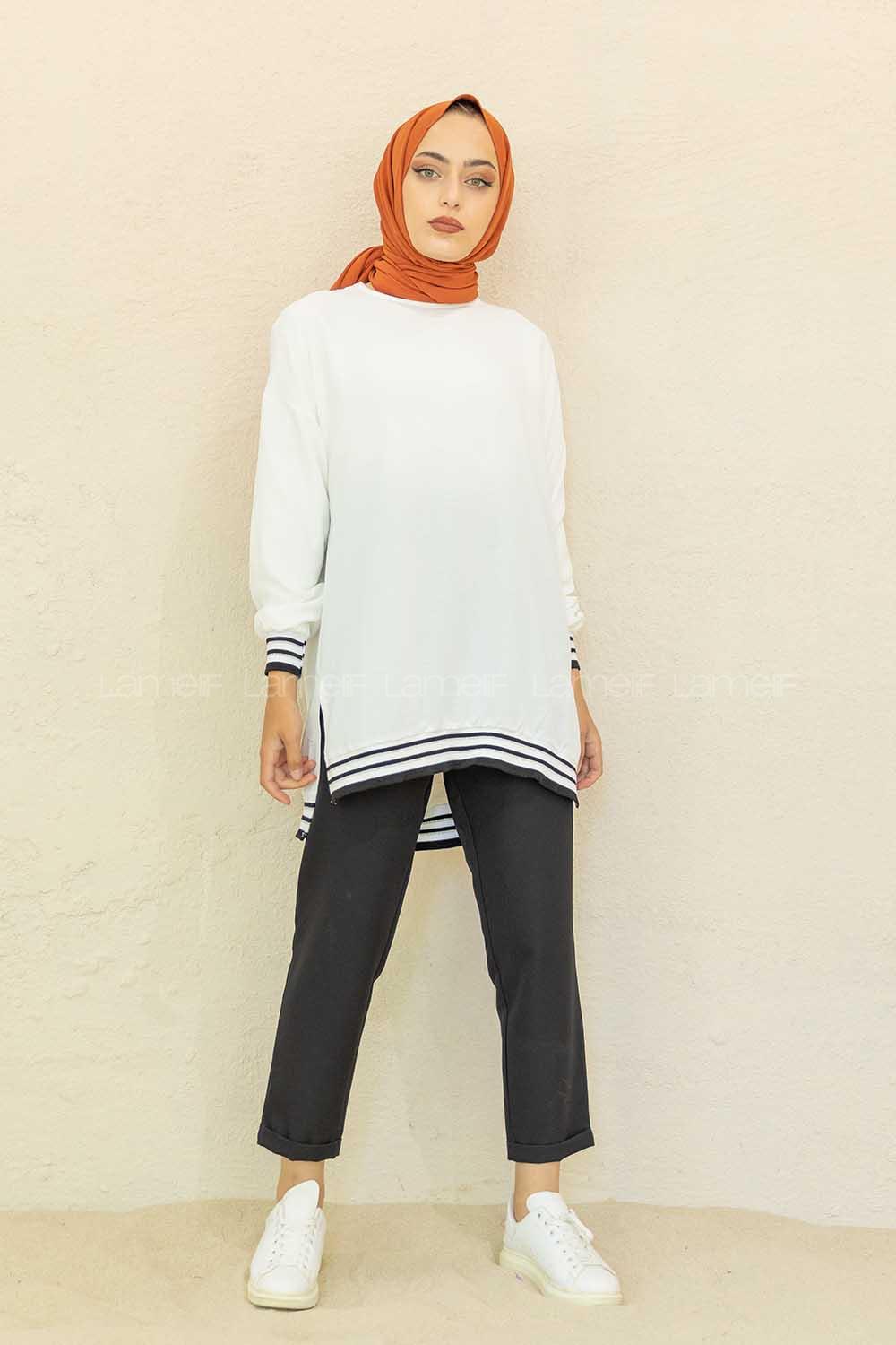 Modalamelif Bisiklet Yaka Şerit Detaylı Tunik Beyaz