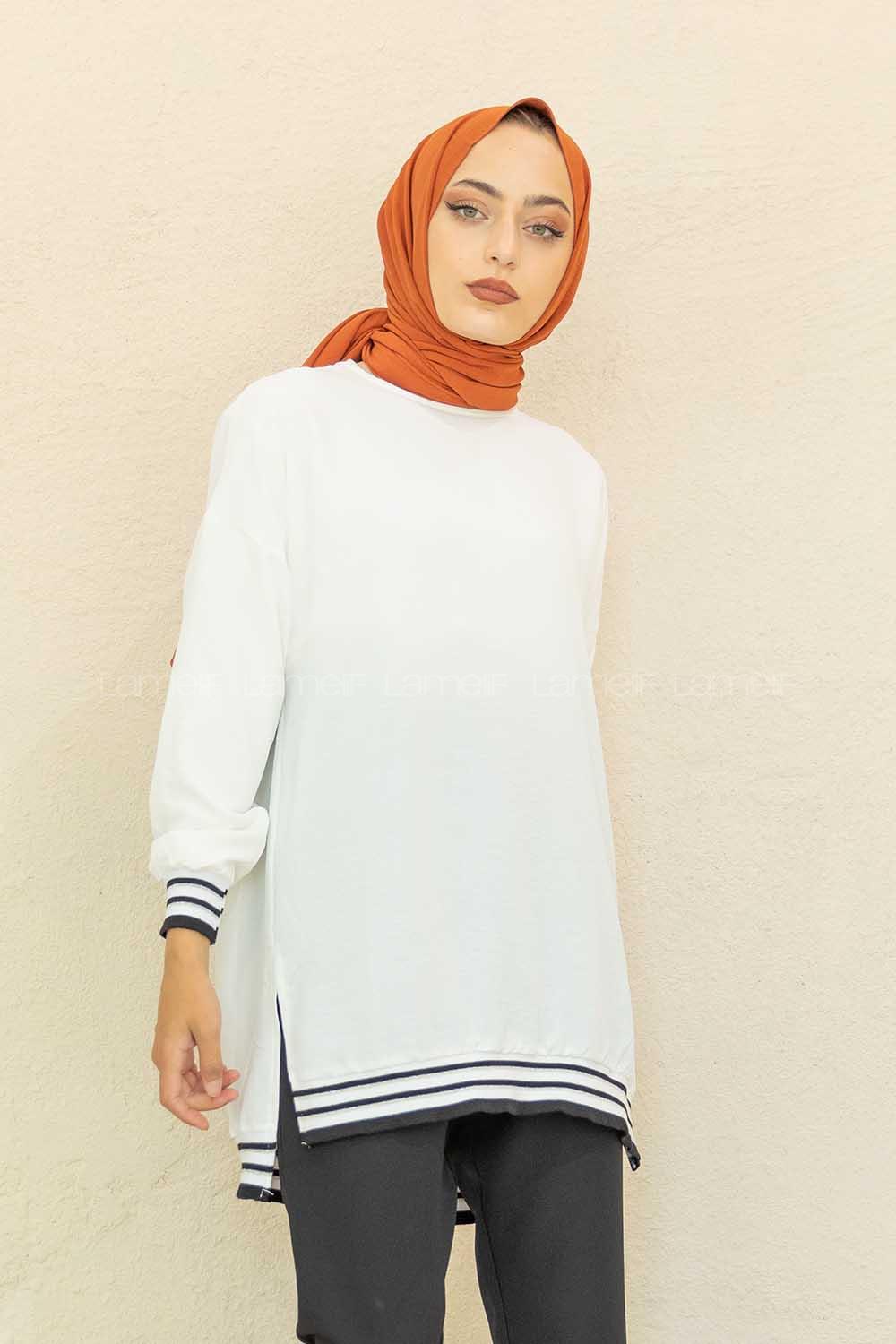 Modalamelif Bisiklet Yaka Şerit Detaylı Tunik Beyaz