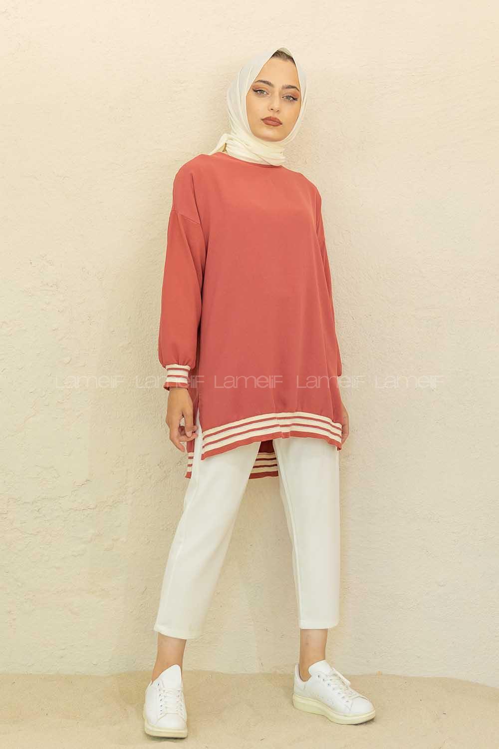 Modalamelif Bisiklet Yaka Şerit Detaylı Tunik Gül