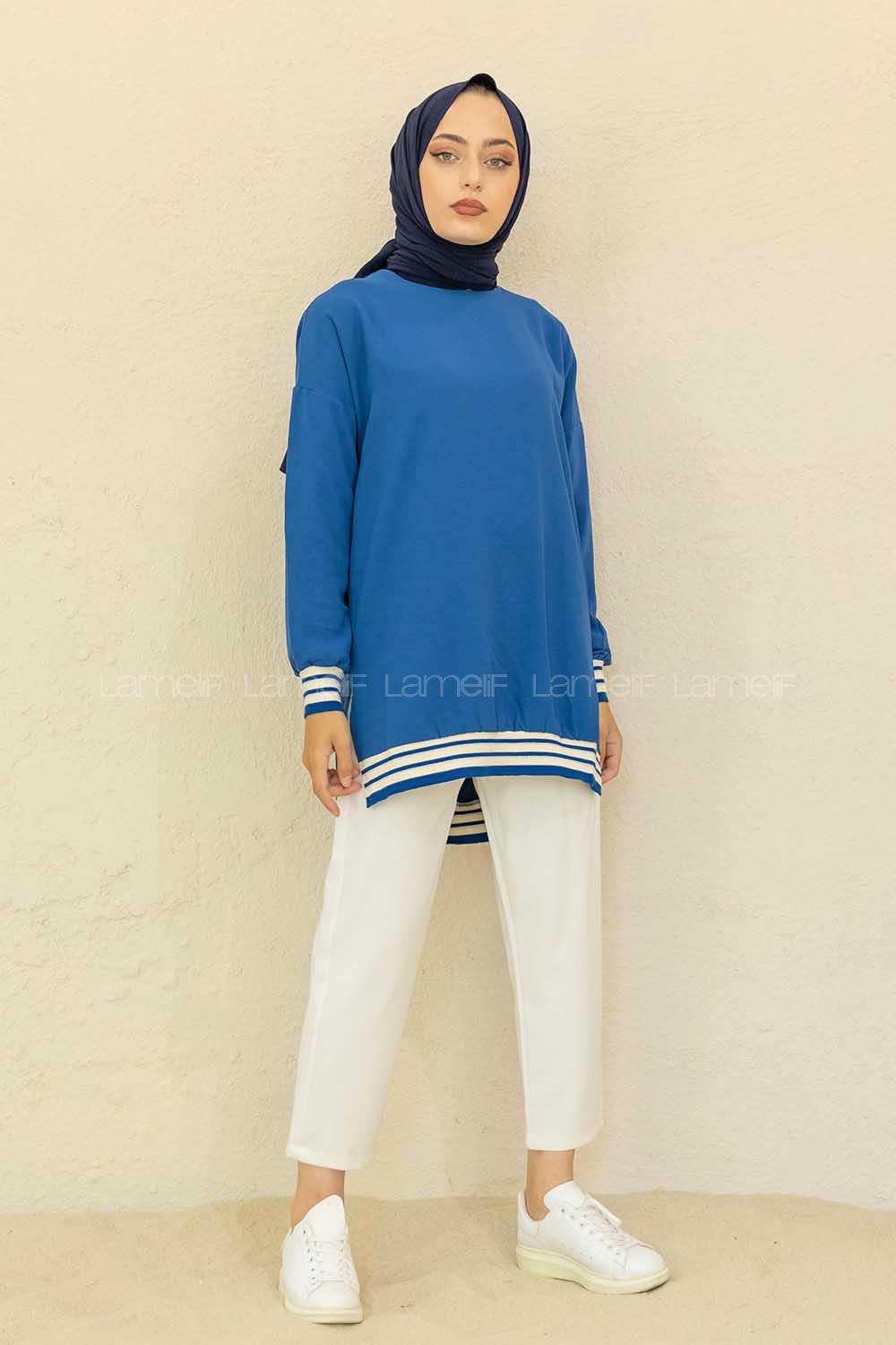 Modalamelif Bisiklet Yaka Şerit Detaylı Tunik İndigo
